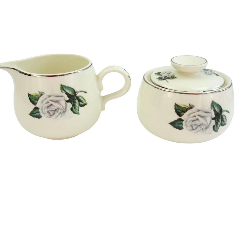 Vintage Homer‎ Laughlin Rhythm White Rose Sugar Bowl w/ Lid and Creamer